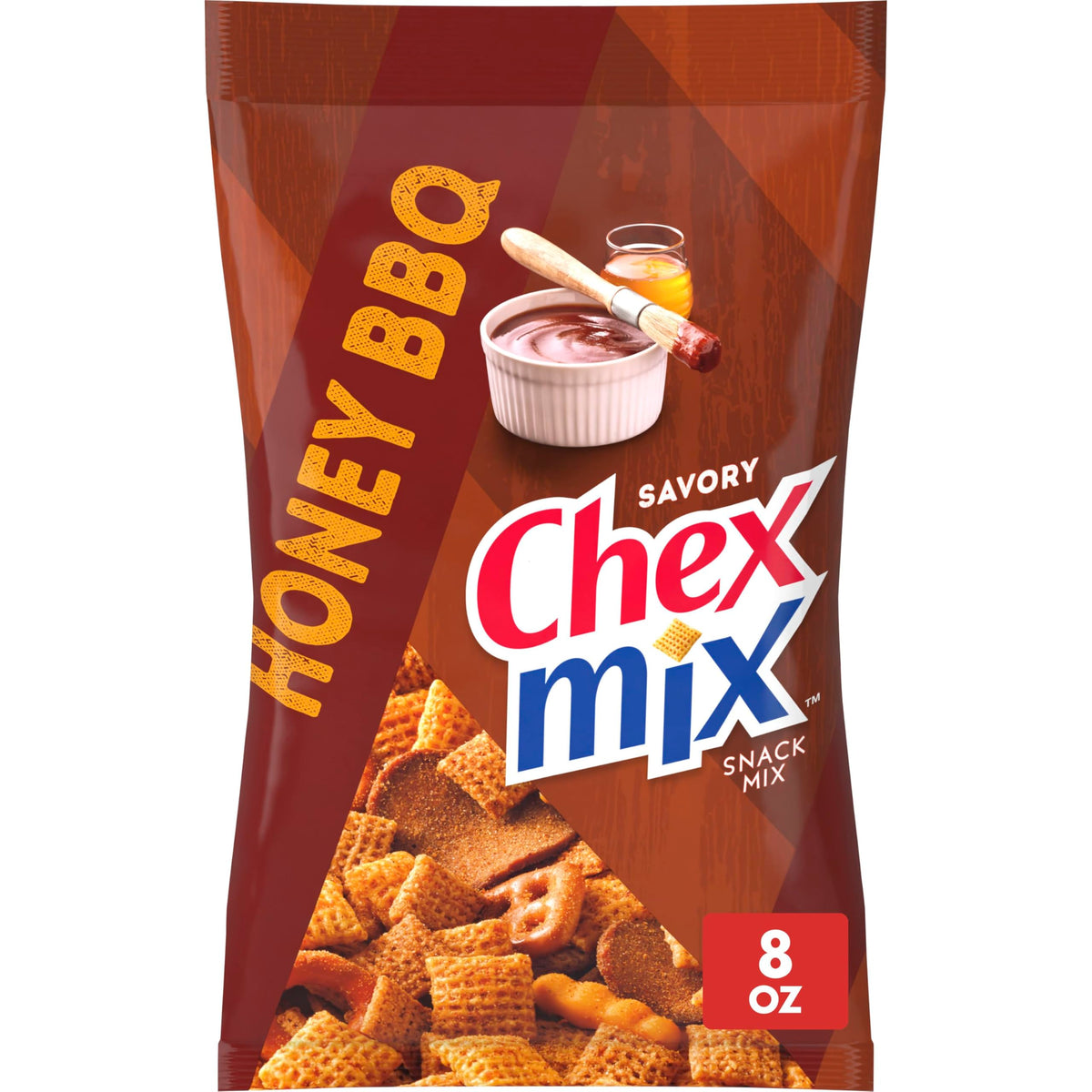 Chex Mix Honey BBQ bag featuring mixed shapes for easy sharing.