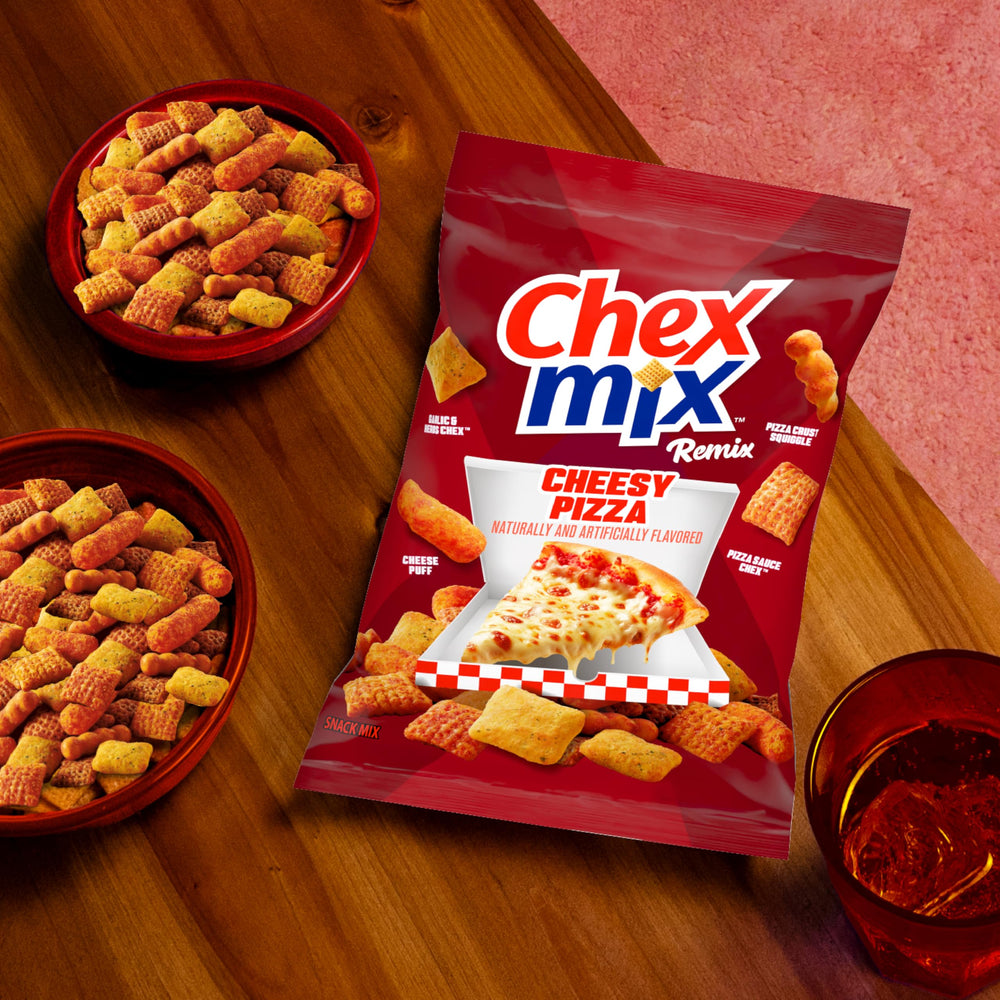 Chex Mix Remix Cheesy Pizza party snack ideal for gatherings and celebrations.