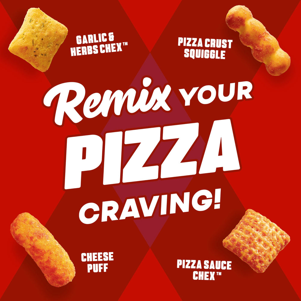 Chex Mix Remix Cheesy Pizza pizza crust squiggles add texture variety to the mix.
