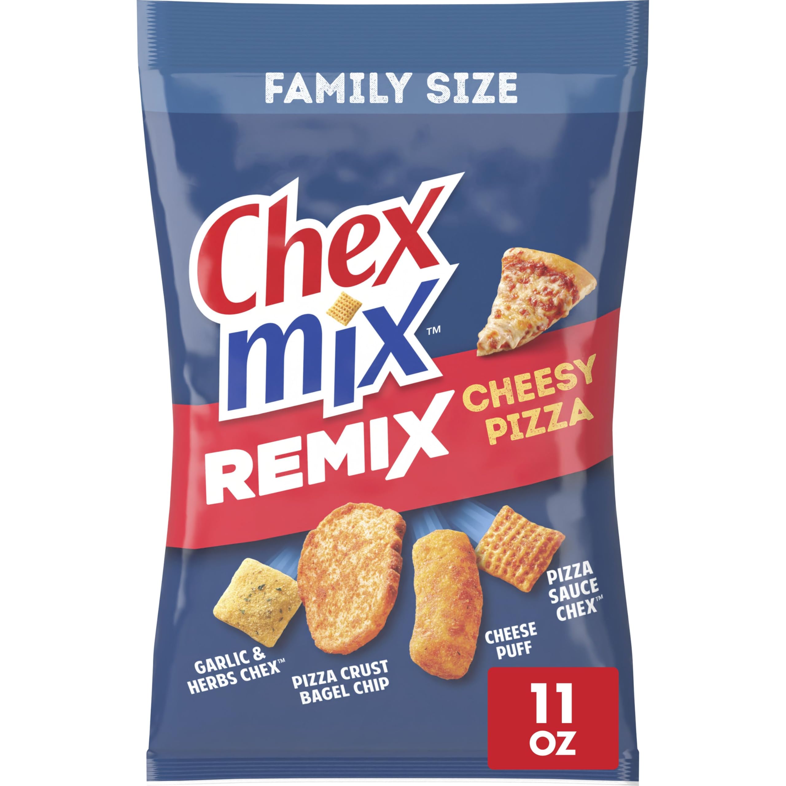 Chex Mix Remix Cheesy Pizza snack bag shows bold flavors for parties and movie nights.