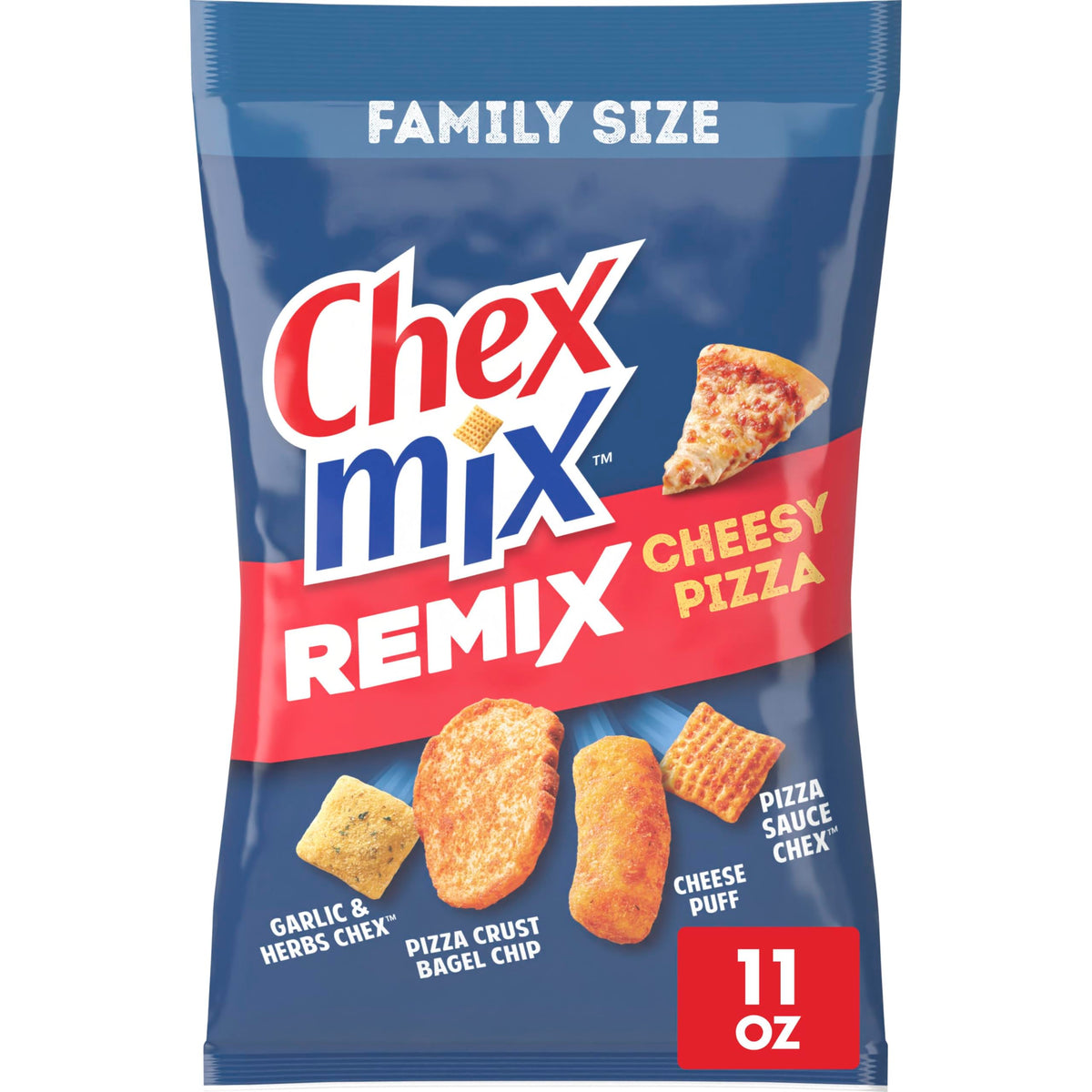 Chex Mix Remix Cheesy Pizza snack bag shows bold flavors for parties and movie nights.