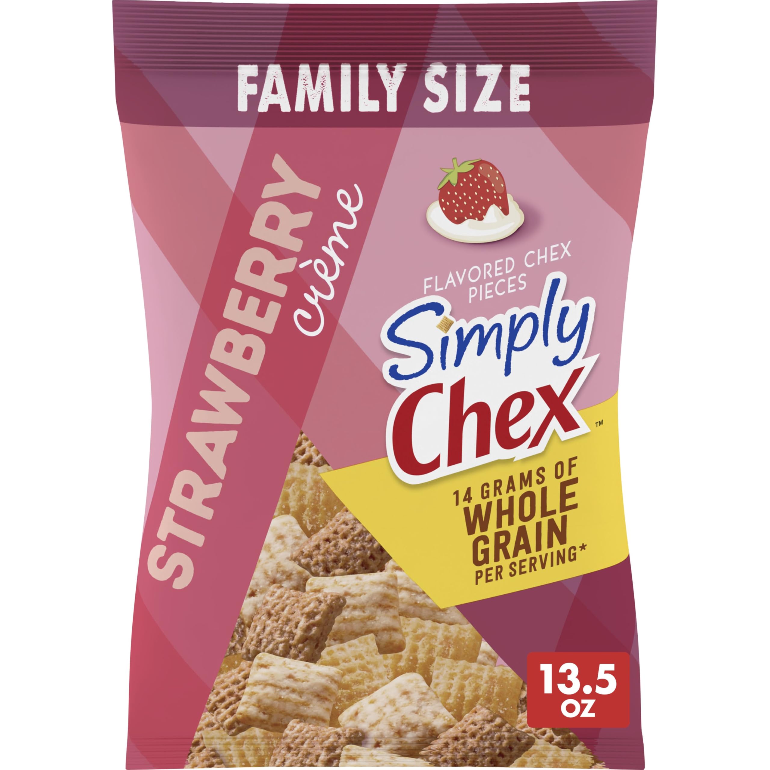 Chex Mix Simply Chex Strawberry Creme Snack Mix bag, convenient and shareable for family snacking.
