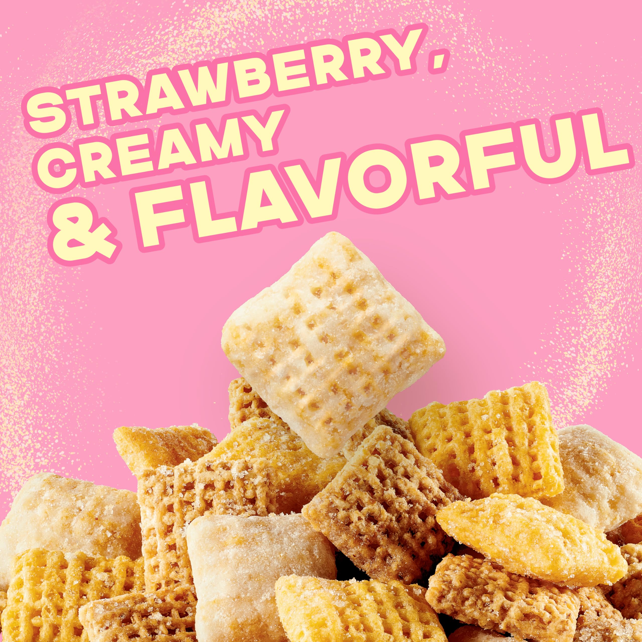 Hand holding a bag of Simply Chex Strawberry Creme Snack Mix for on-the-go snacking.