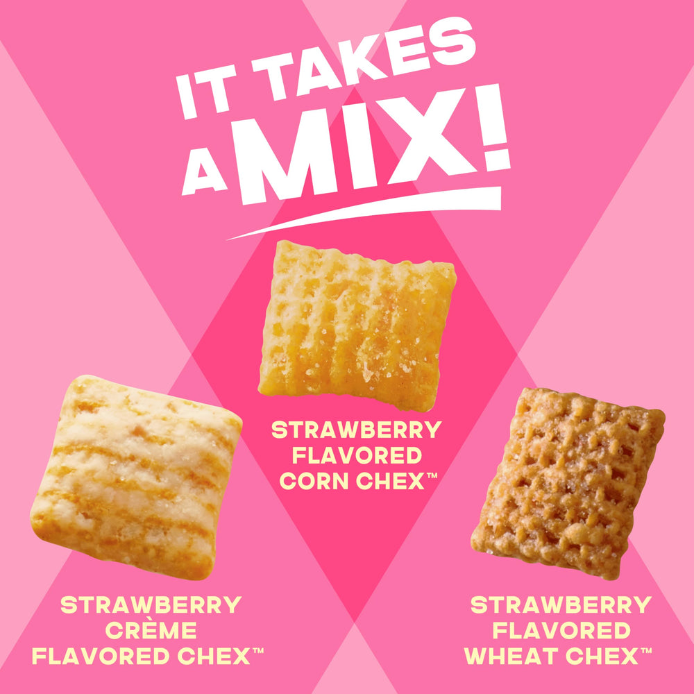 Pantry display of Simply Chex Strawberry Creme Snack Mix, ready for easy snacking access.