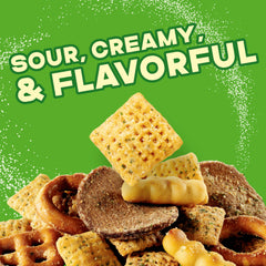Chex Mix Sour Cream and Onion ingredients close-up showing corn Chex and pretzel pieces