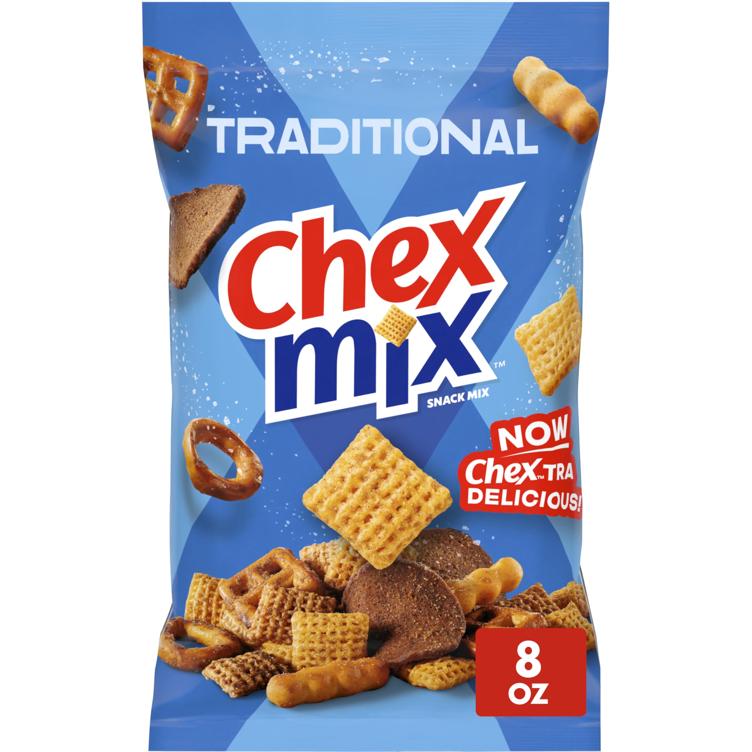 Chex Mix Traditional close-up of crunchy pieces for quick, satisfying snacking.
