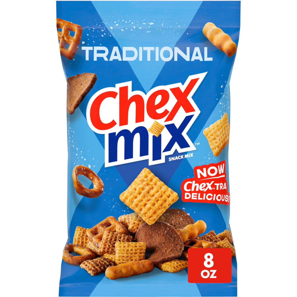 Chex Mix Traditional close-up of crunchy pieces for quick, satisfying snacking.