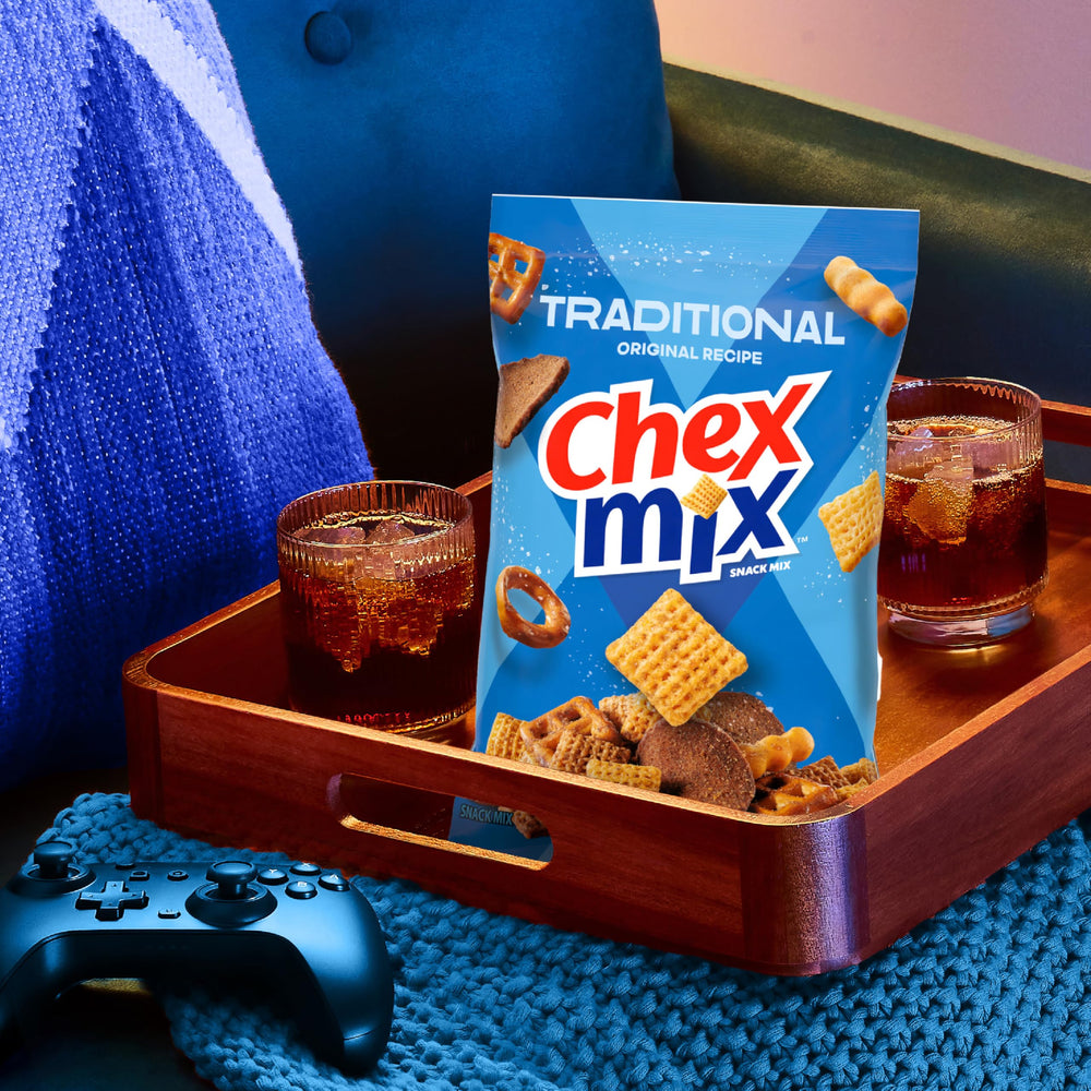 Chex Mix Traditional road-trip shot, a crunchy travel snack option.