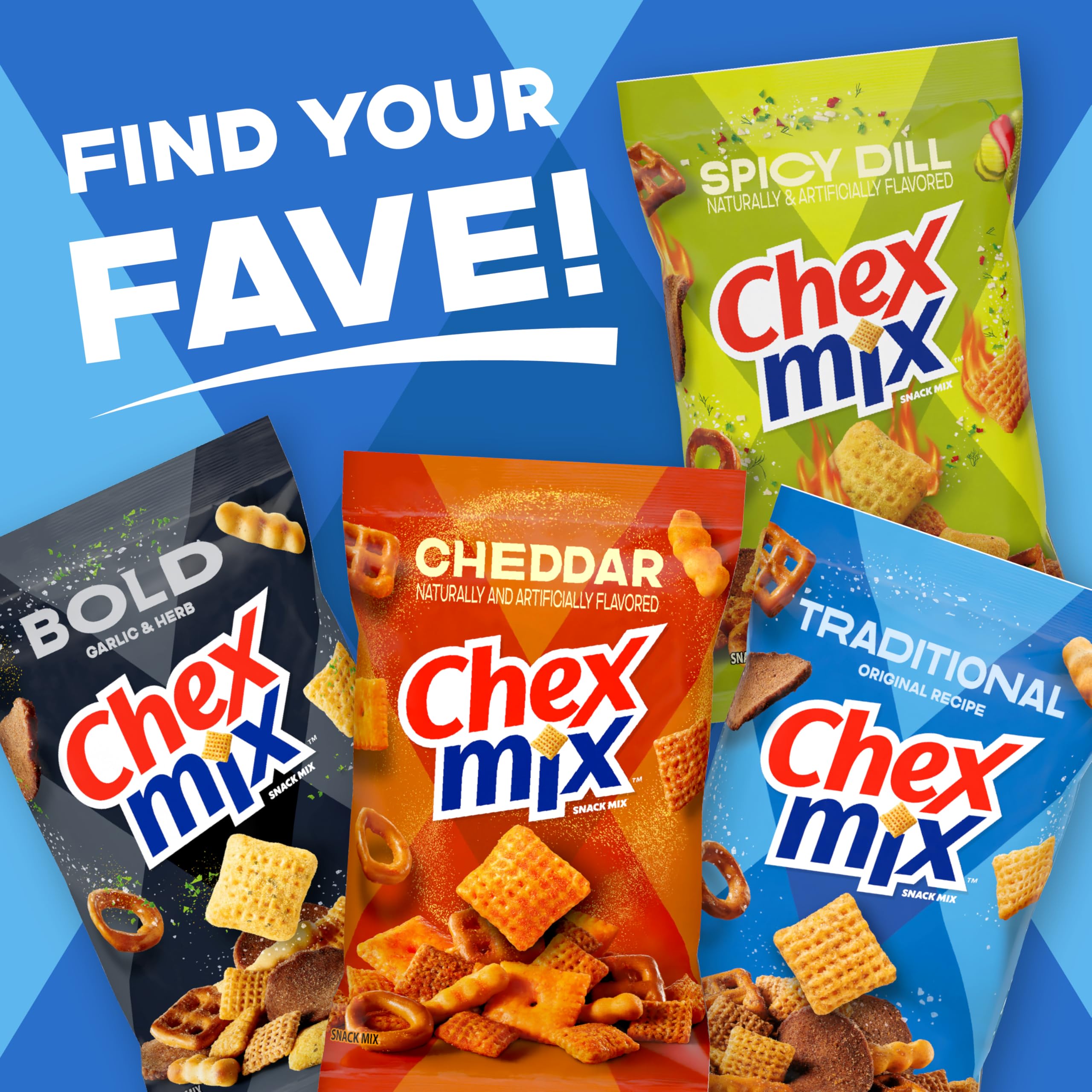 Chex Mix Traditional variety-plate view, highlighting different shapes for snacking curiosity.