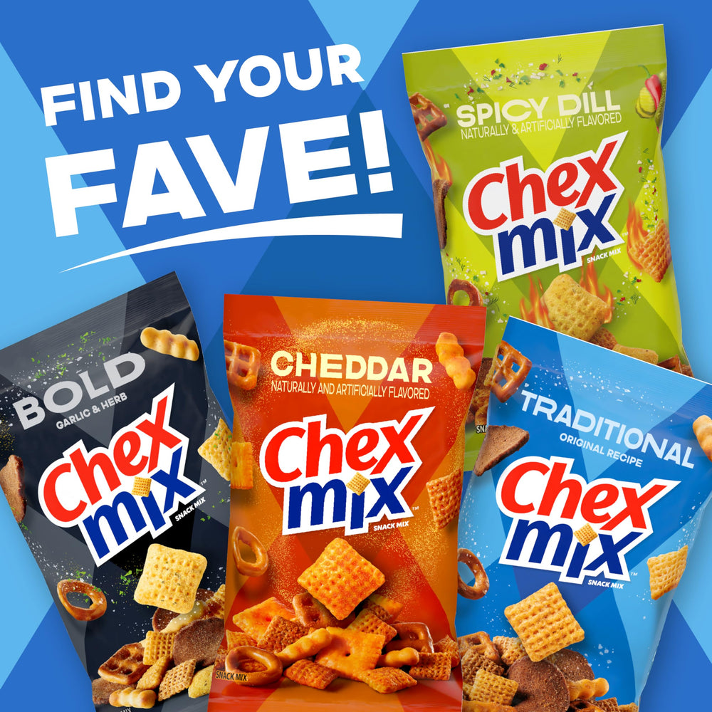 Chex Mix Traditional variety-plate view, highlighting different shapes for snacking curiosity.