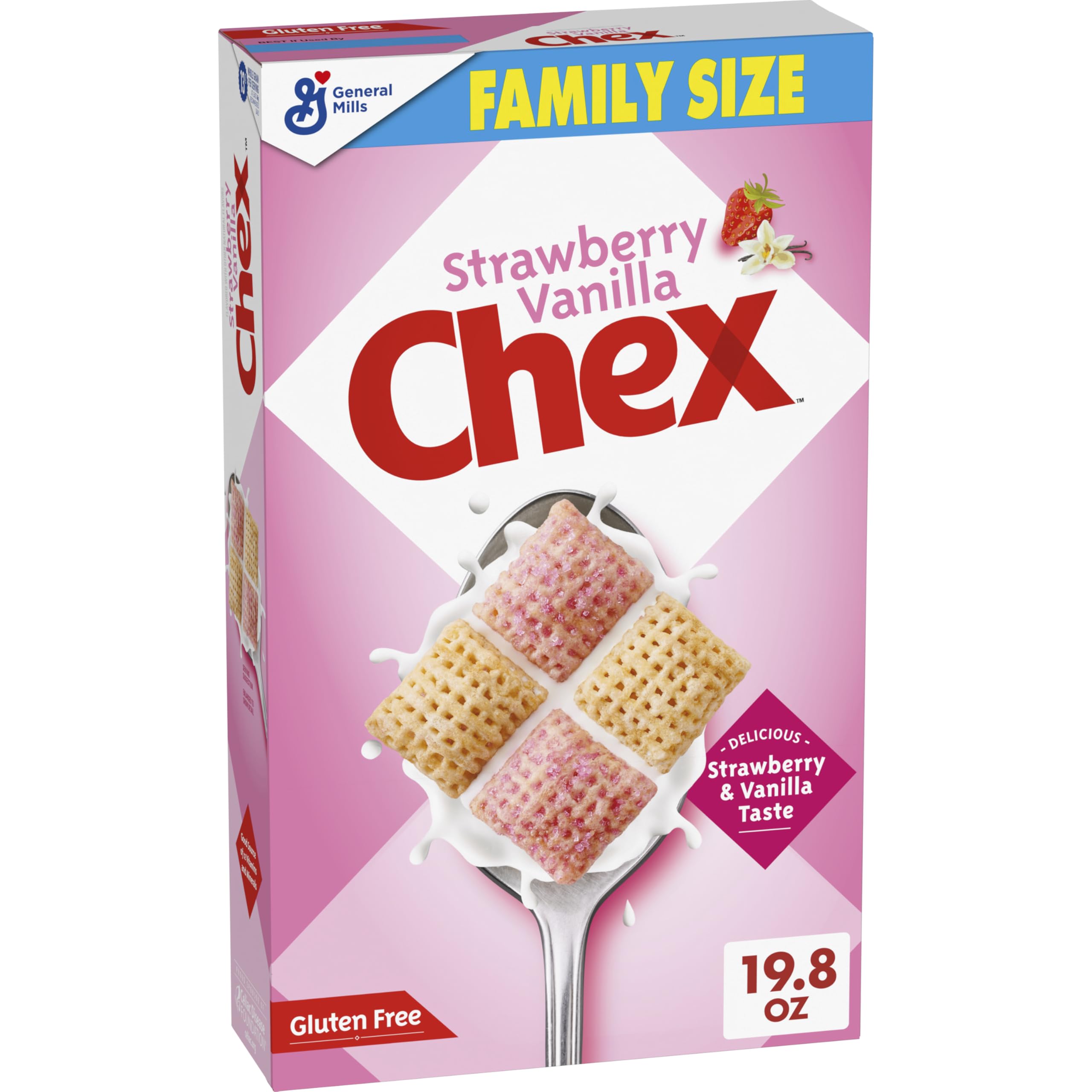 Chex Strawberry Vanilla Cereal box front, inviting family breakfast