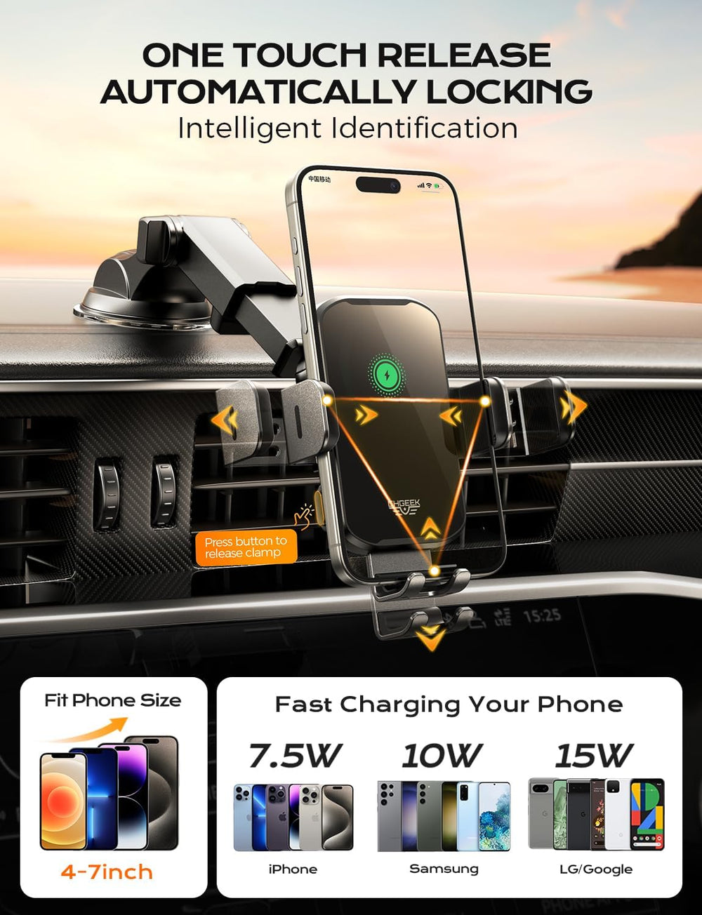 CHGeek auto clamp engages a phone in 0.5 seconds for hands-free use