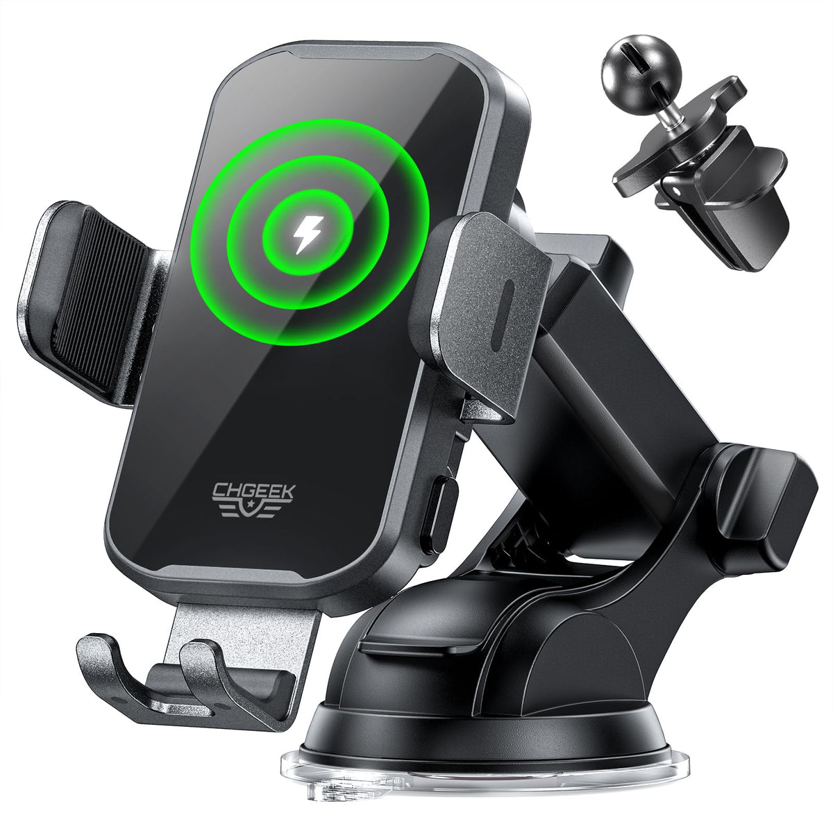 CHGeek wireless car charger front view with auto clamp ready to grip a phone