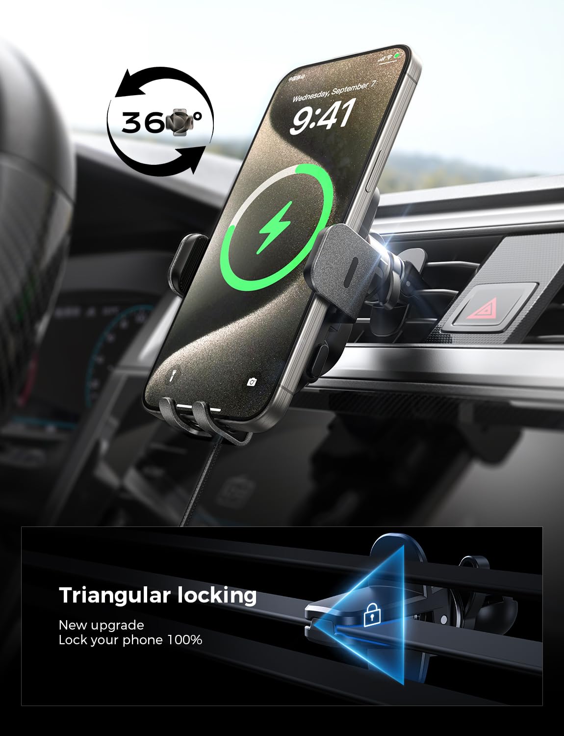 CHGeek smart auto clamp recognizes phones for a secure grip