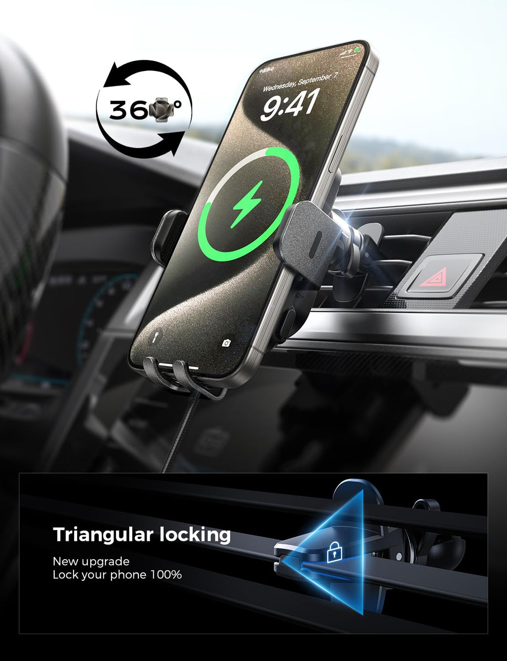 CHGeek smart auto clamp recognizes phones for a secure grip