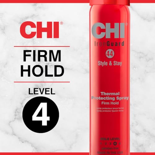 CHI 44 Iron Guard bottle on styling table for quick touchups.