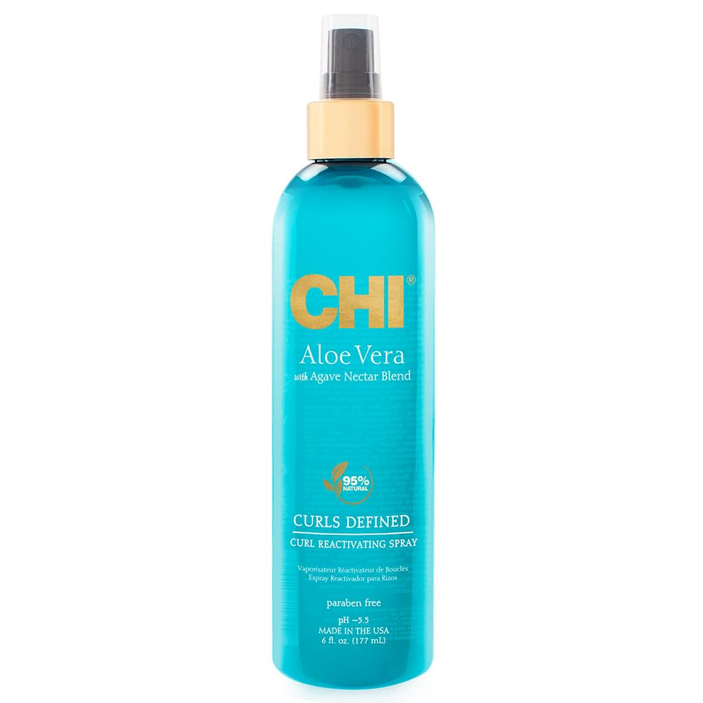 CHI Aloe Vera Curl Reactivating Spray bottle front for refreshed curls and light hold
