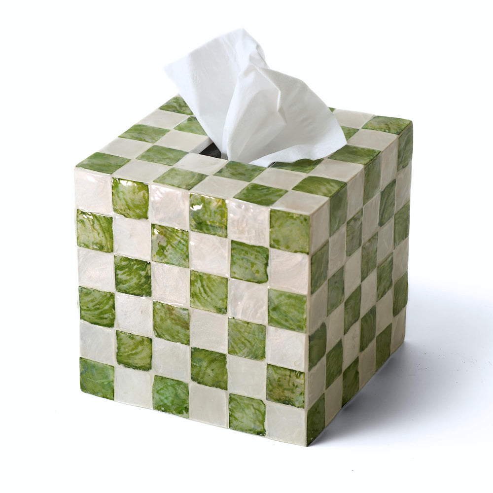Chi An Home Pistachio green checkered tissue box cover front view enhances living room decor