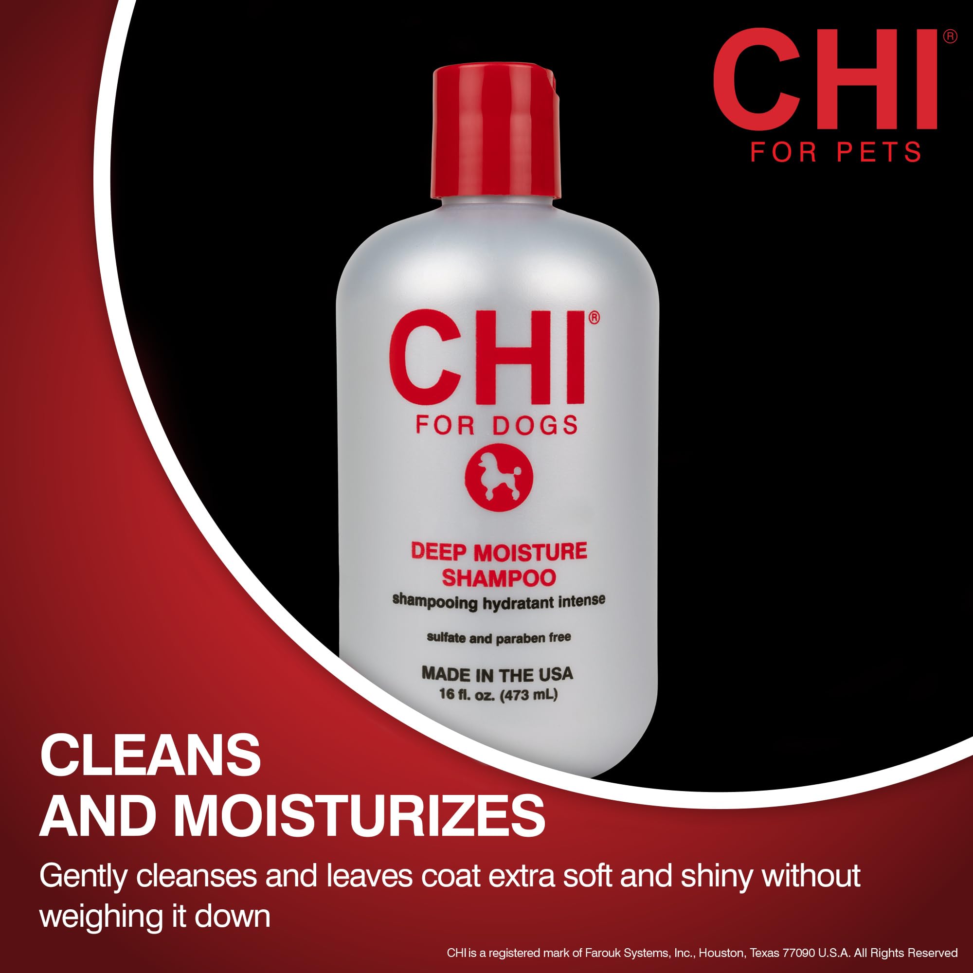 Hands lathering CHI for Dogs Deep Moisture Shampoo into a dog's fur during a bath.