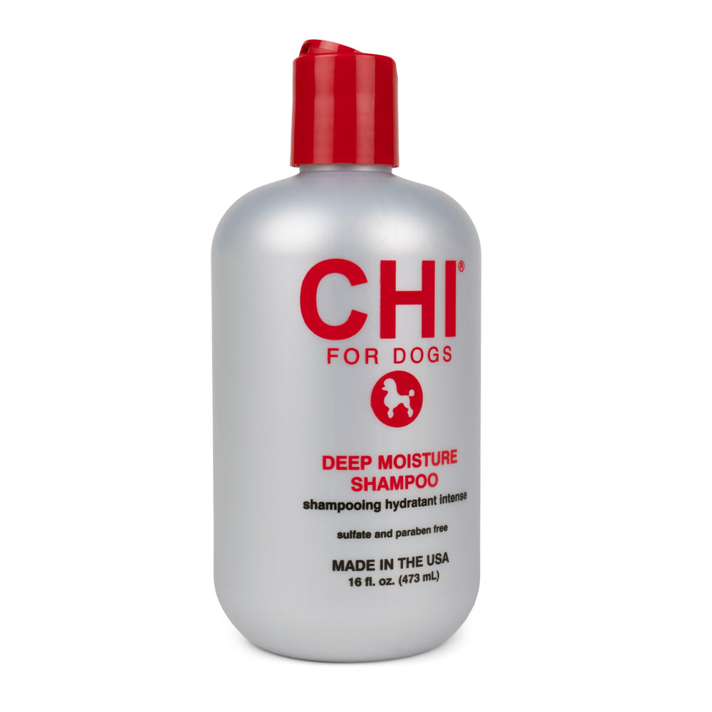 Made in the USA seal appears on CHI for Dogs Deep Moisture Shampoo bottle.