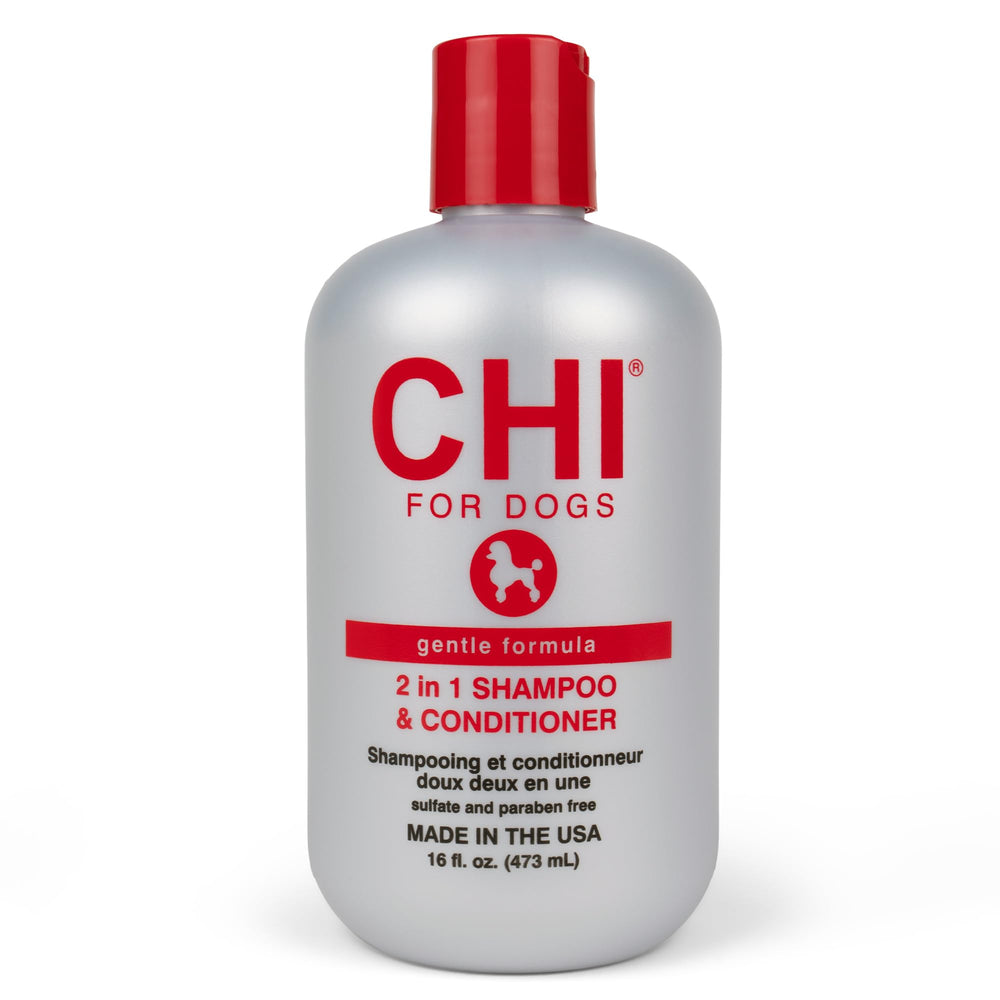 CHI for Dogs Gentle 2-in-1 bottle front, pH-balanced formula for all coats.