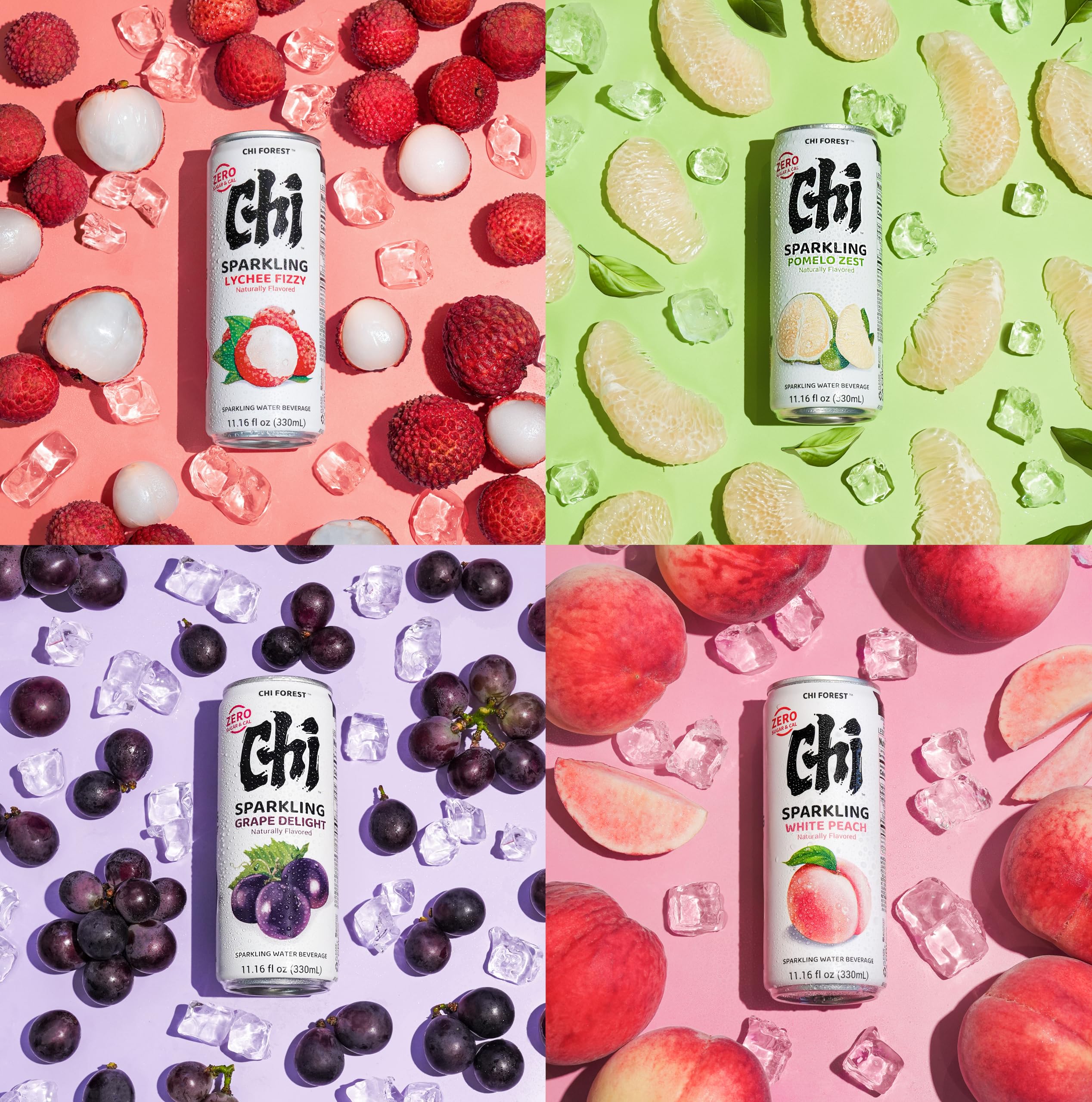 CHI FOREST Sparkling Water glass with splash suggests a lively, zero sugar beverage.