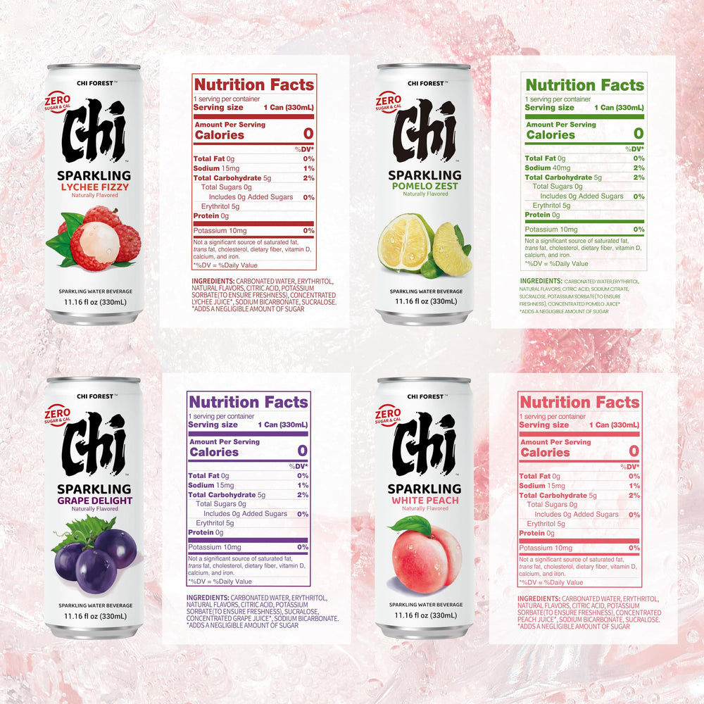 CHI FOREST Sparkling Water label closeup highlights zero sugar and flavorful options.