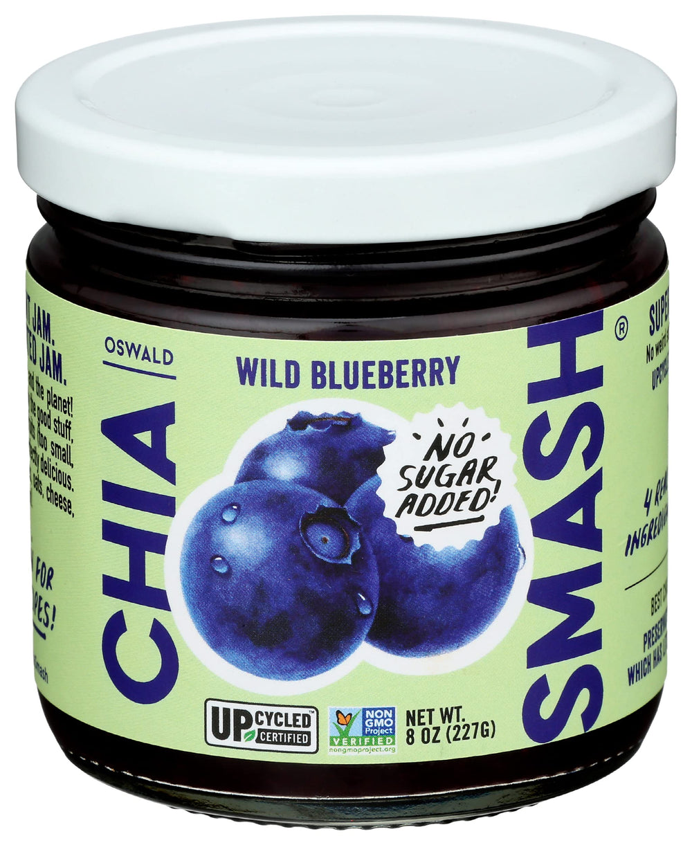 Chia Smash Blueberry Jam ingredients show omega-3 and fiber from upcycled fruit.