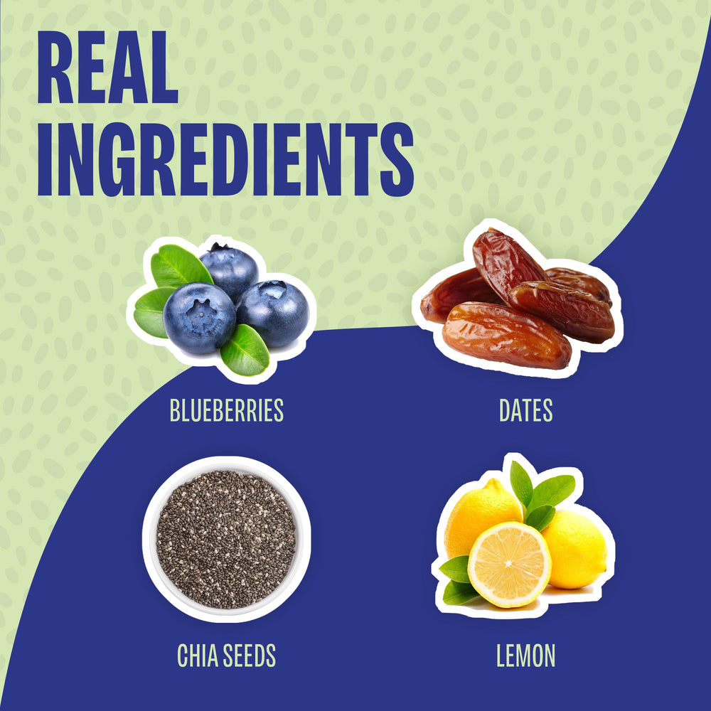 Chia Smash Blueberry Jam spoon reveals chia seeds and upcycled fruit richness.
