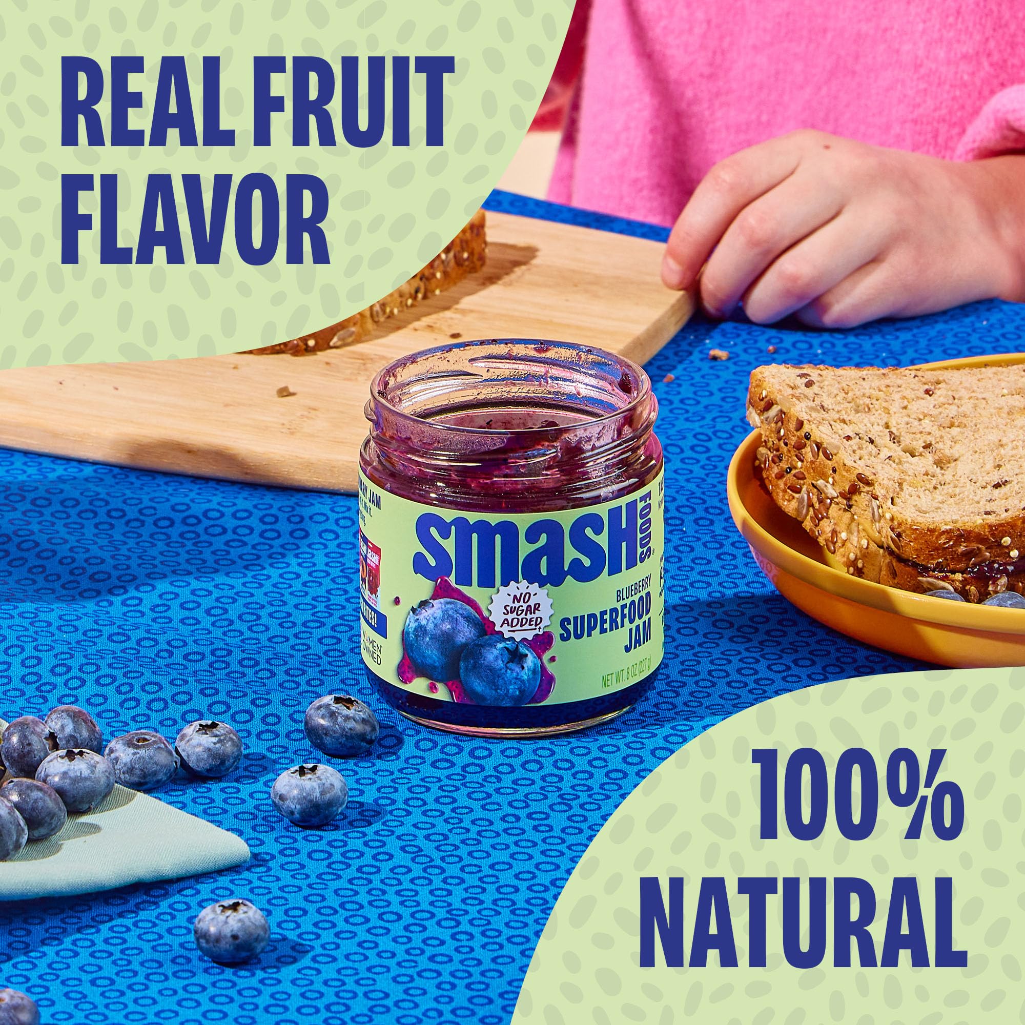 Chia Smash Blueberry Jam on toast highlights low sugar with bold flavor.