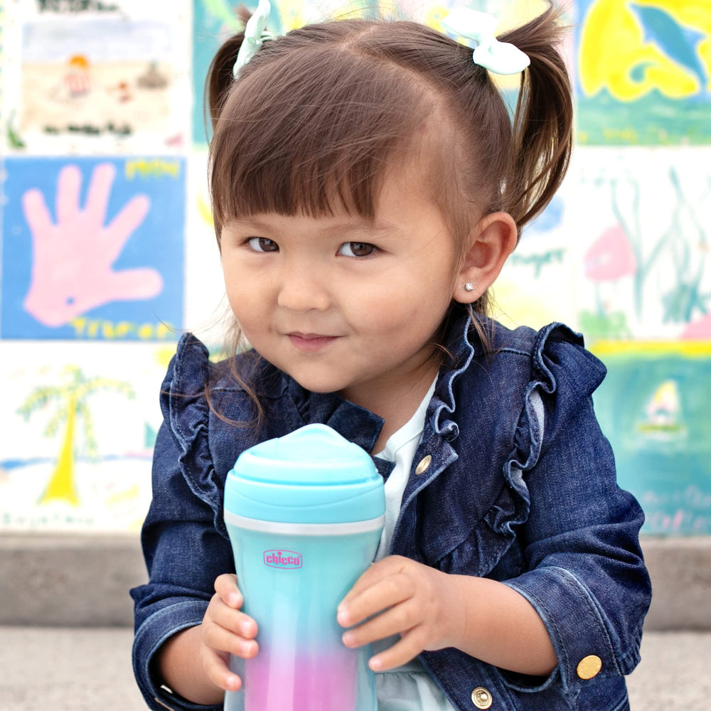Chicco 9oz double-wall toddler cup preserves chill during busy days.
