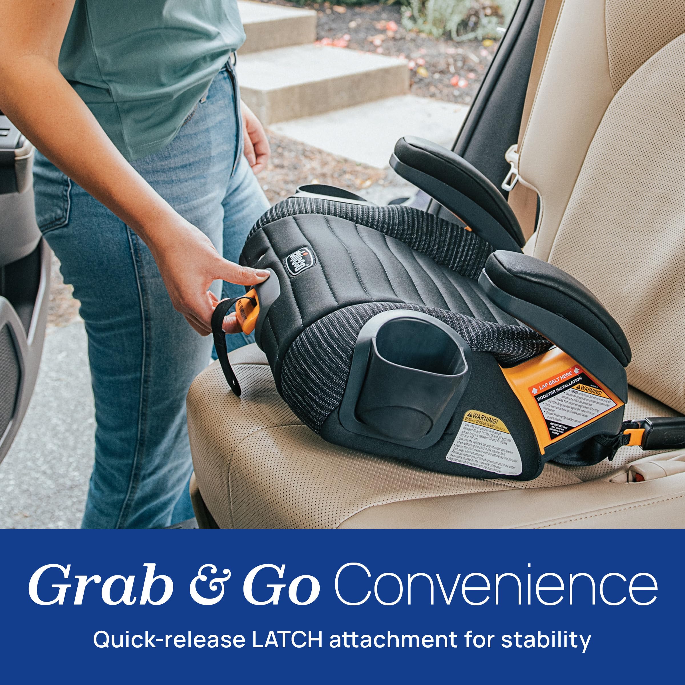 Chicco GoFit ClearTex Plus latch attachment secures booster during transfers.