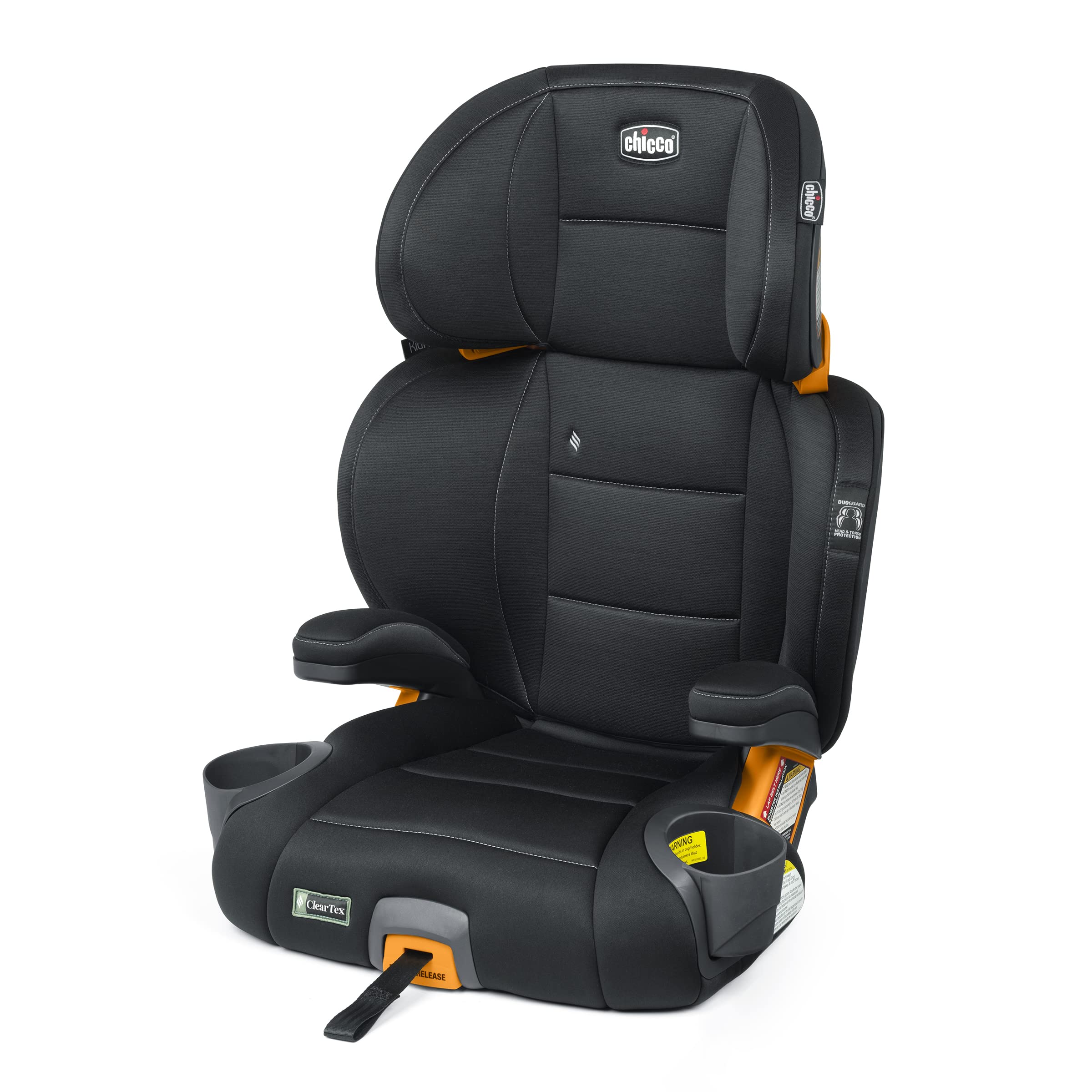 Chicco KidFit ClearTex Plus high-back booster seat provides secure belt positioning.