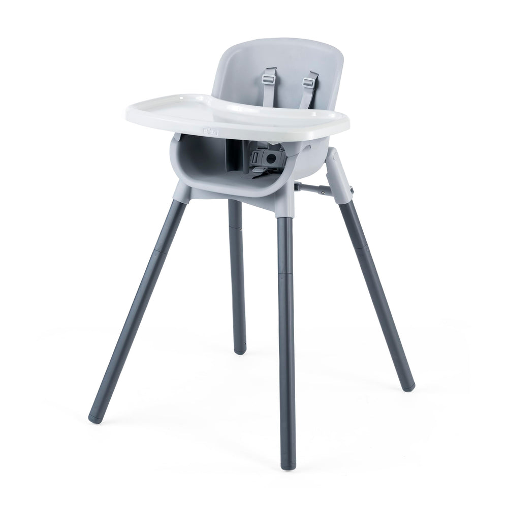 Chicco Zest folding high chair seasalt grey demonstrates compact storage and quick setup.