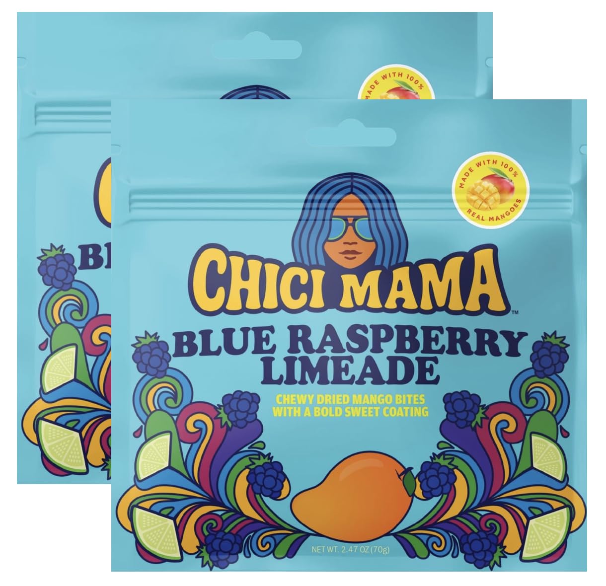 Chici Mama Blue Raspberry Limeade Mango Bites close-up showing bold fruit flavor for on-the-go snacking.