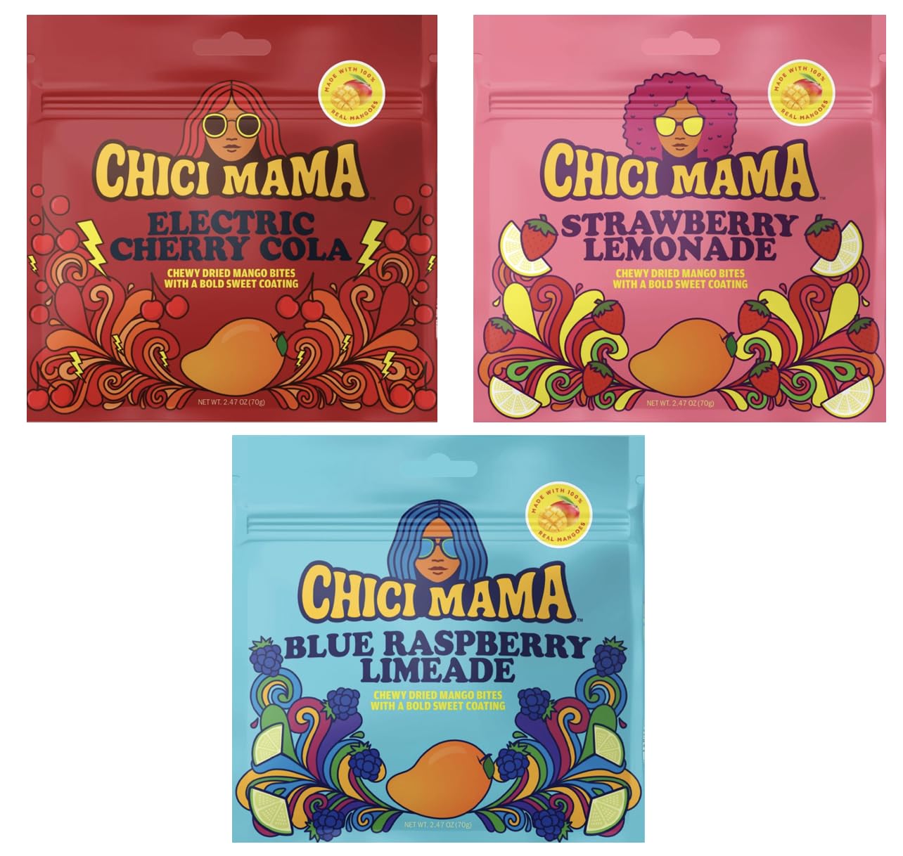 Chici Mama chewy mango bites electric cherry cola pack ideal for on-the-go snacking