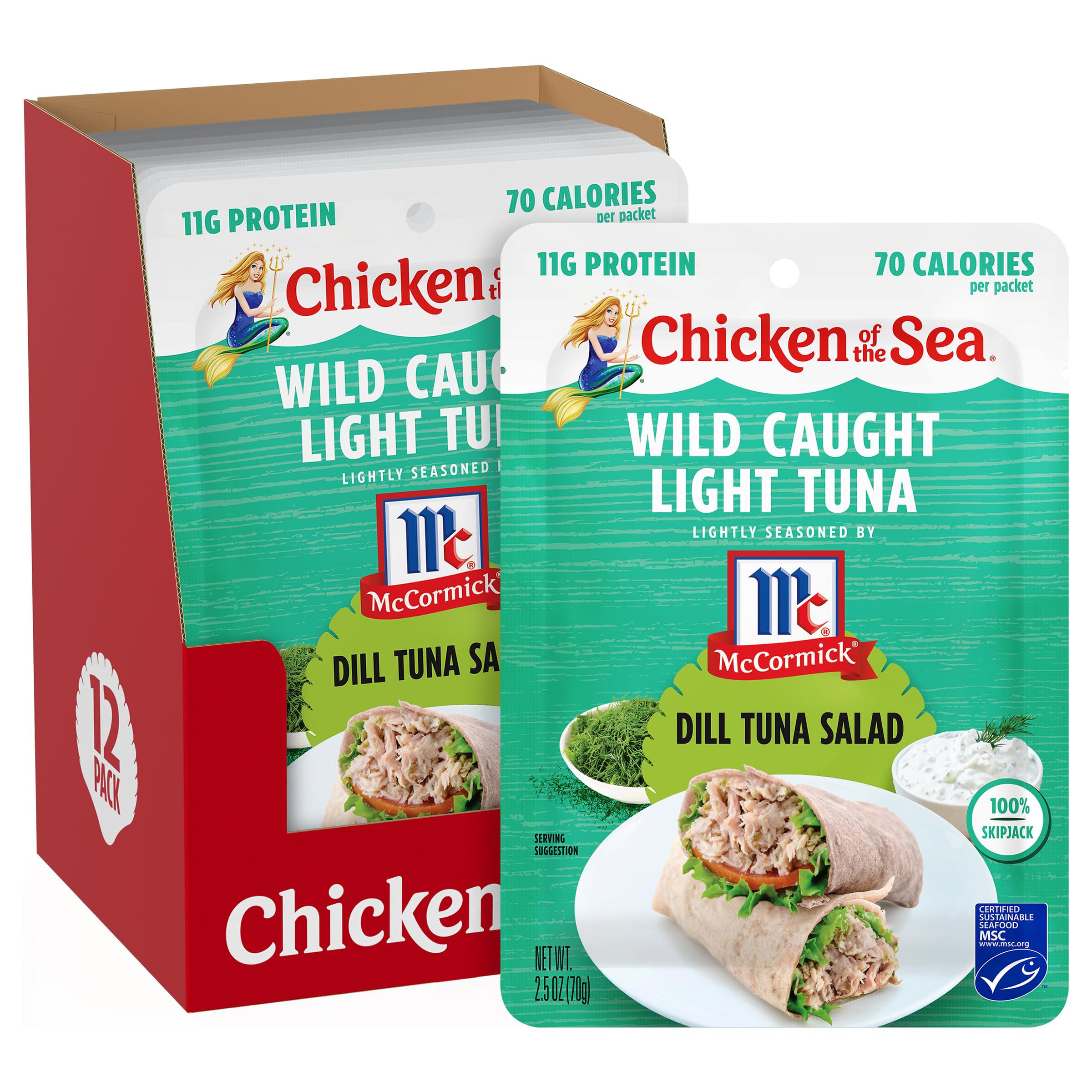 Chicken of the Sea light dill tuna pouch ready-to-eat snack with bold dill flavor.