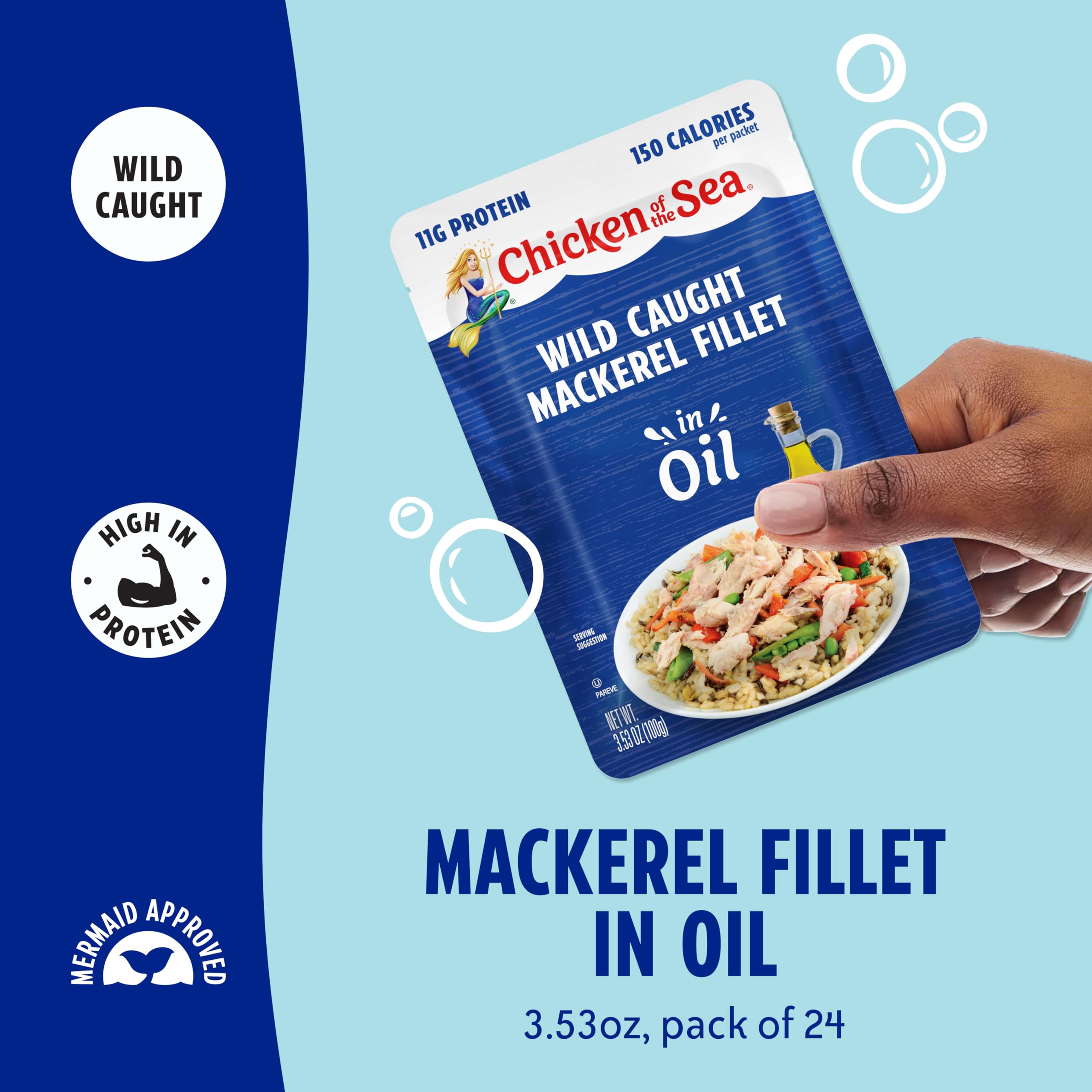 Chicken of the Sea Mackerel Fillet in Oil label highlights wild-caught origin