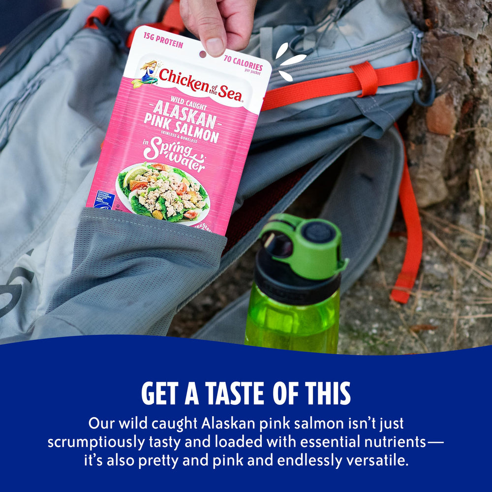 Chicken of the Sea pink salmon in box packaging highlighting single-serve pouches.
