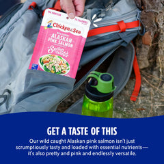 Chicken of the Sea pink salmon in box packaging highlighting single-serve pouches.