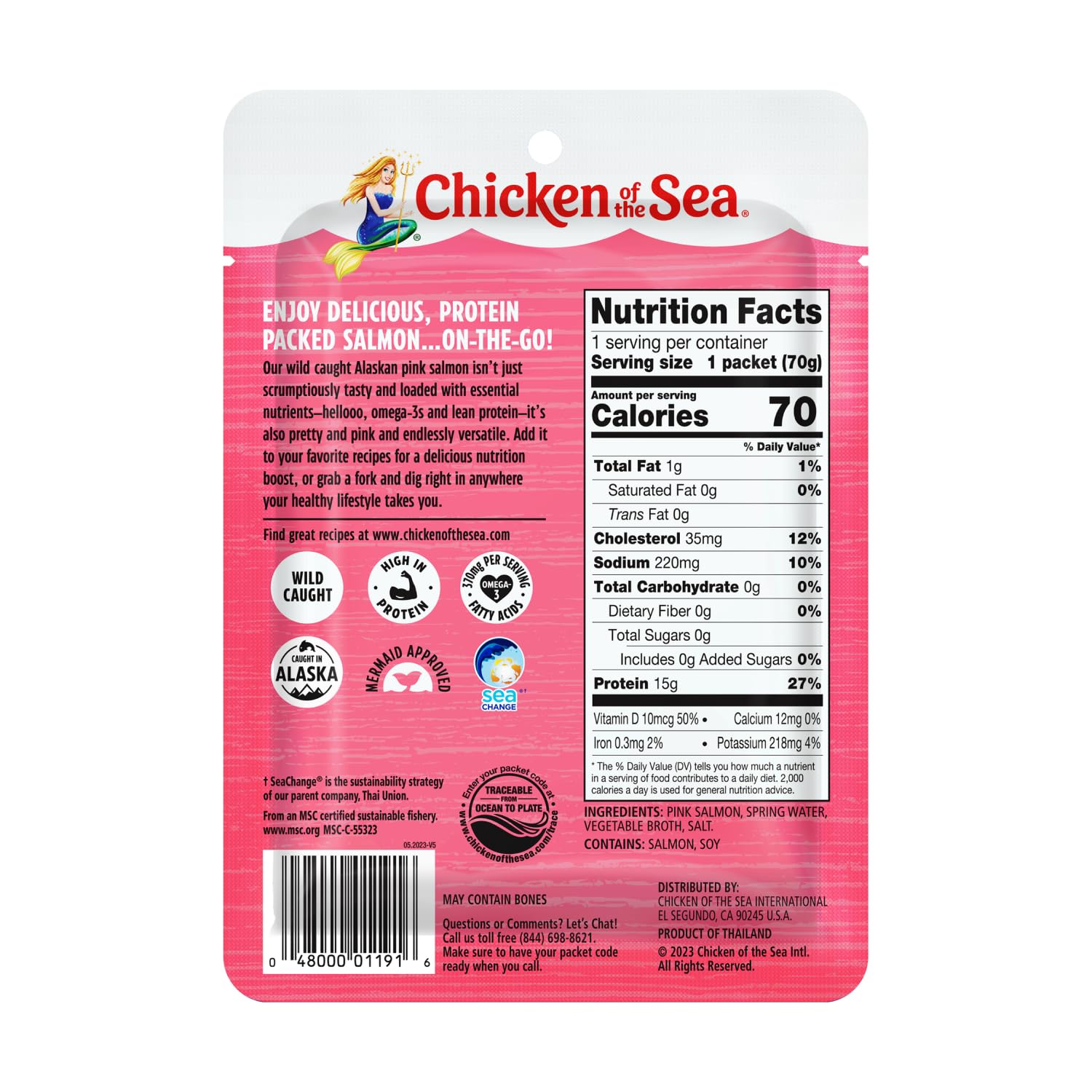 Chicken of the Sea pink salmon packet open; ready to enjoy without draining