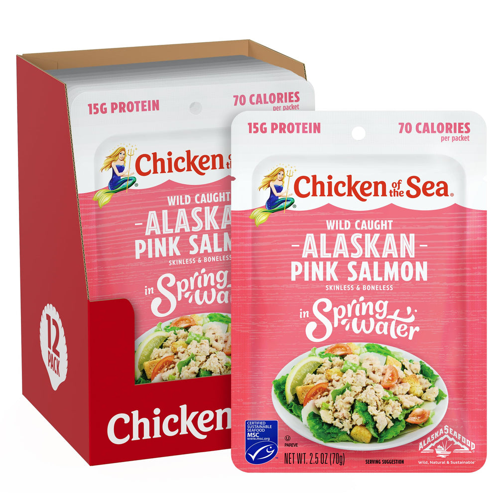Chicken of the Sea pink salmon in spring water packet for easy grab-and-go snacking.