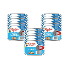 Chicken of the Sea sardines in water can on shelf, a high-protein pantry staple.