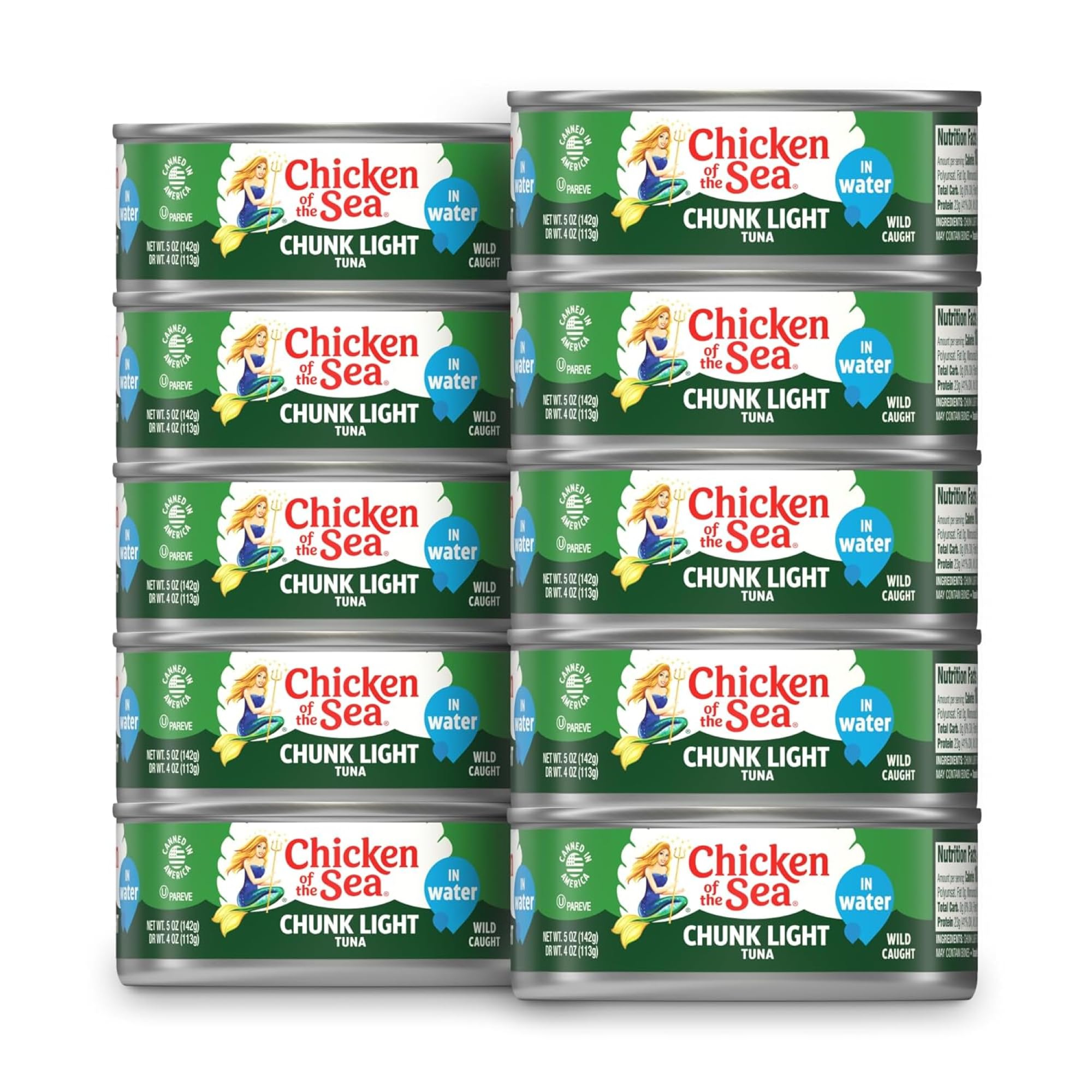 Chicken of the Sea wild caught tuna in water can, high-protein pantry staple.