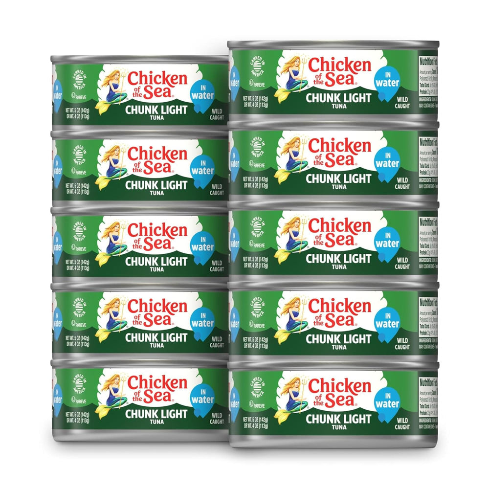 Chicken of the Sea wild caught tuna in water can, high-protein pantry staple.