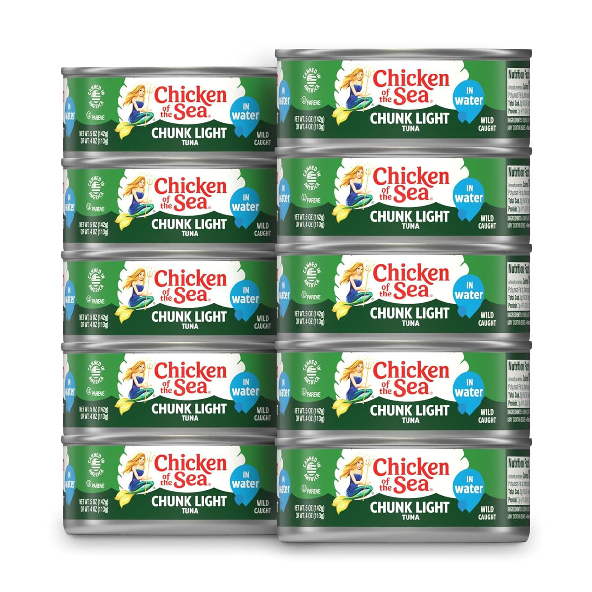 Chicken of the Sea wild caught tuna in water can, high-protein pantry staple.