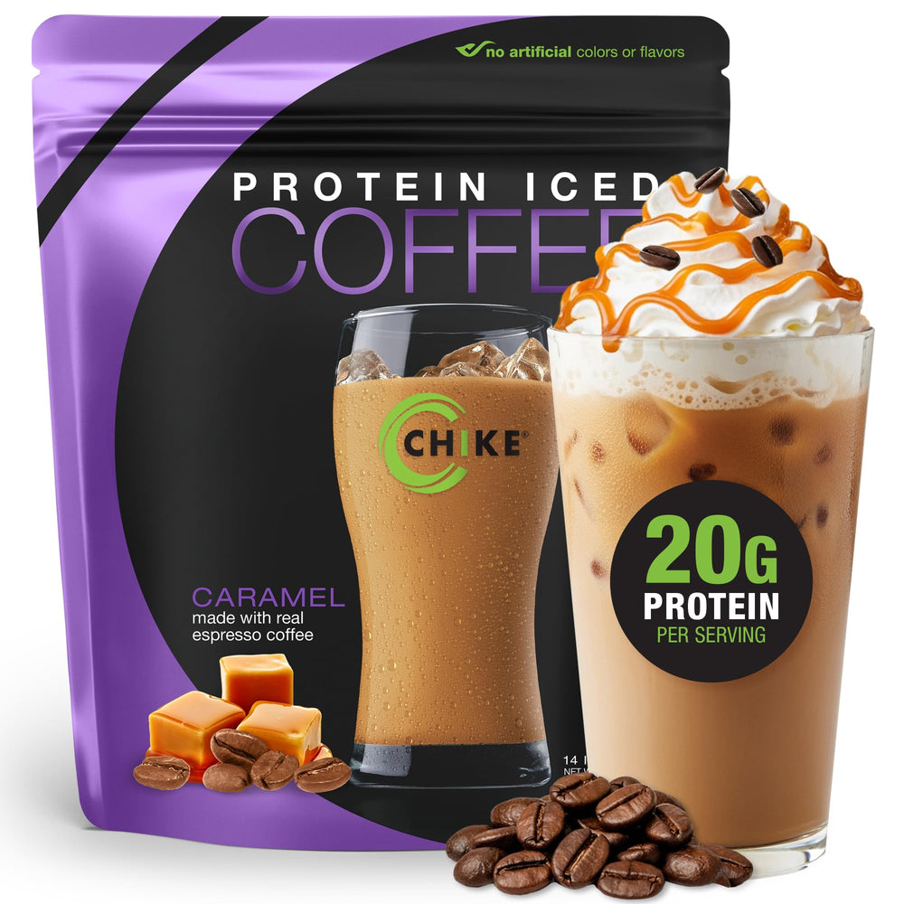Chike Caramel High Protein Iced Coffee bottle showing a protein-packed energy boost for mornings.