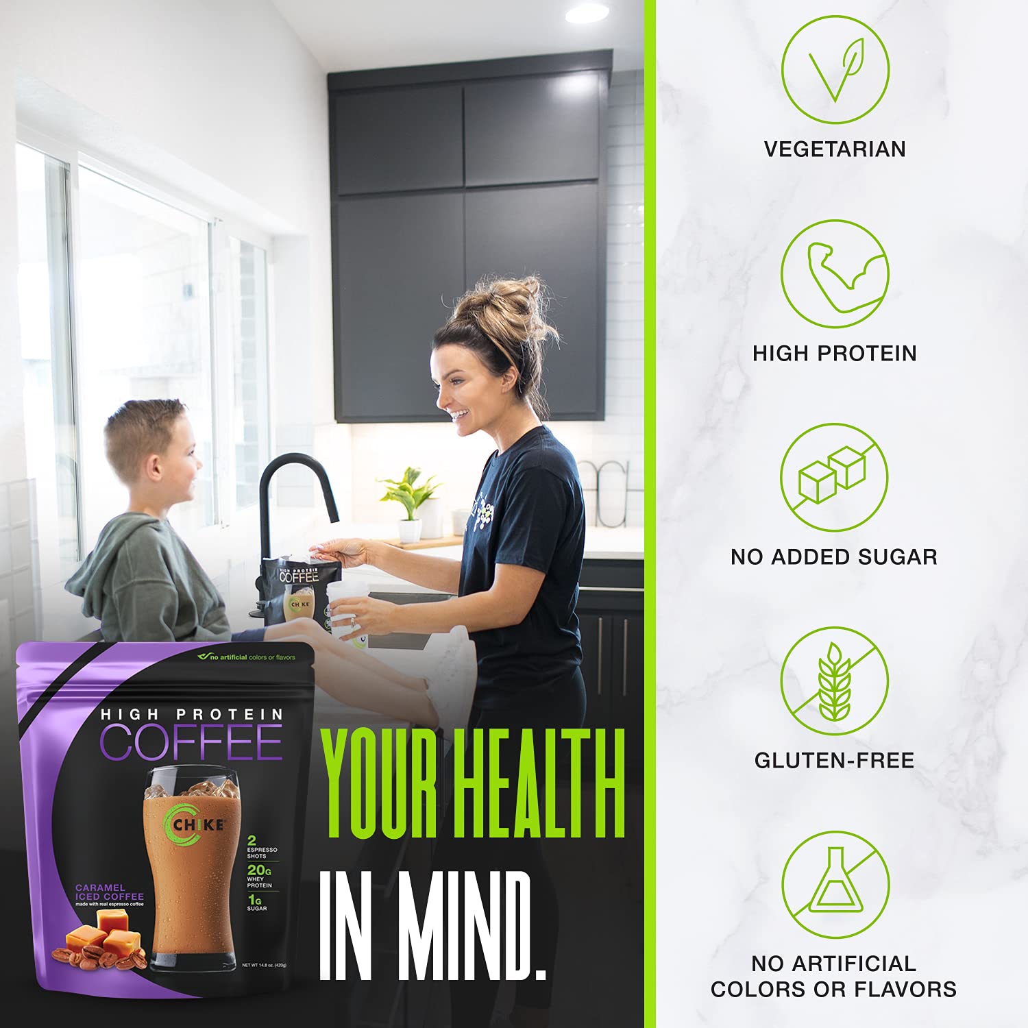 Chike Caramel High Protein Iced Coffee glass serving emphasizes keto-friendly, gluten-free option.