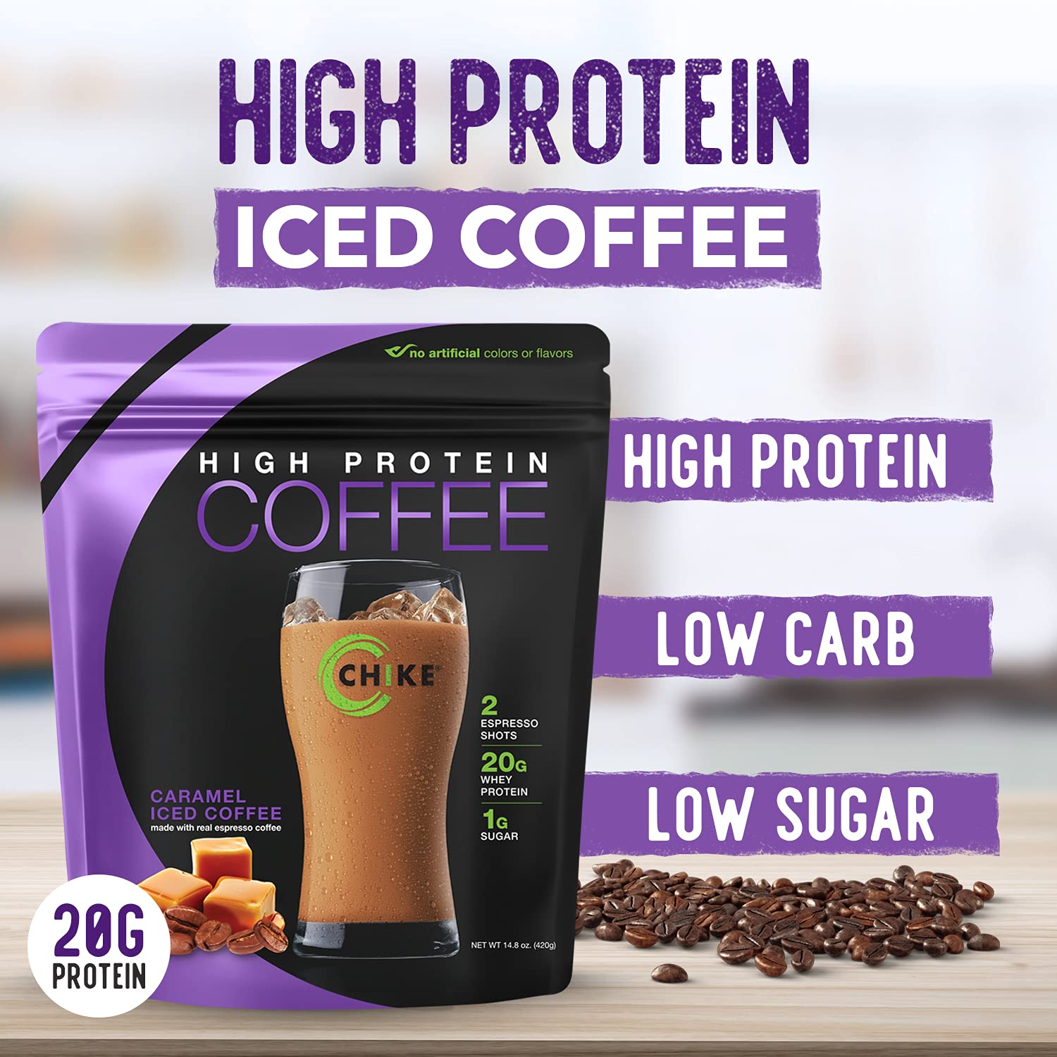 Chike Caramel High Protein Iced Coffee packaging showcases 14 servings per bottle.