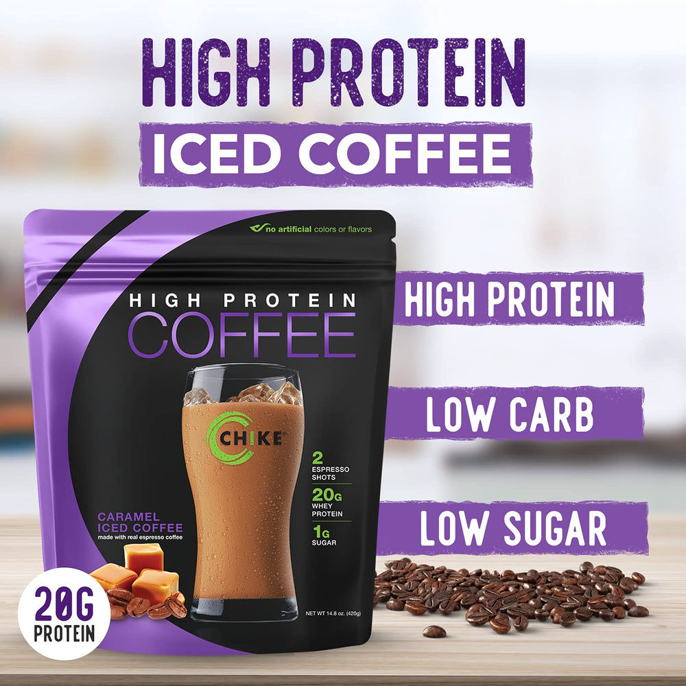 Chike Caramel High Protein Iced Coffee packaging showcases 14 servings per bottle.